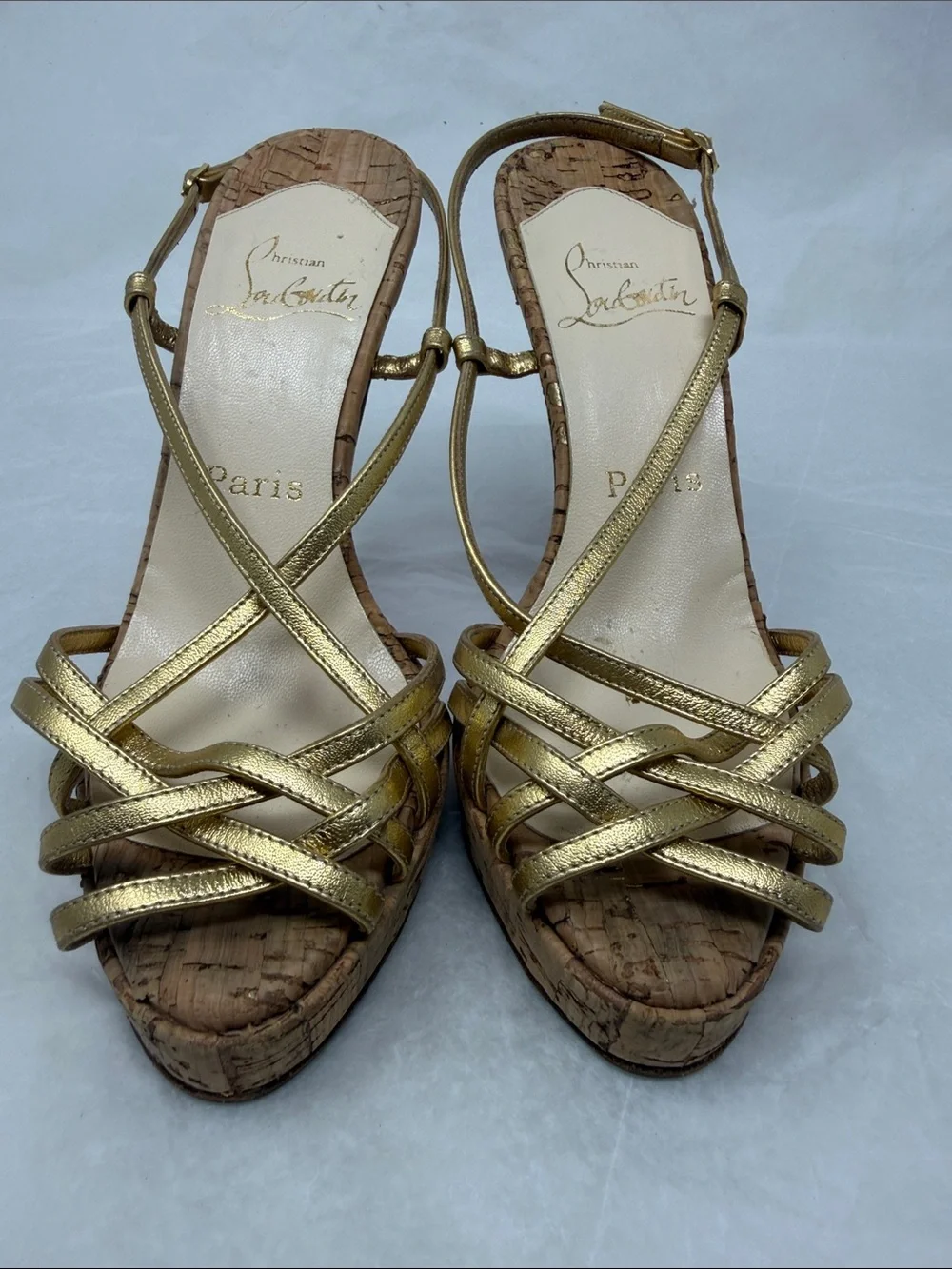 Christian Louboutin Metallic Gold Strappy Cork Platform Heels